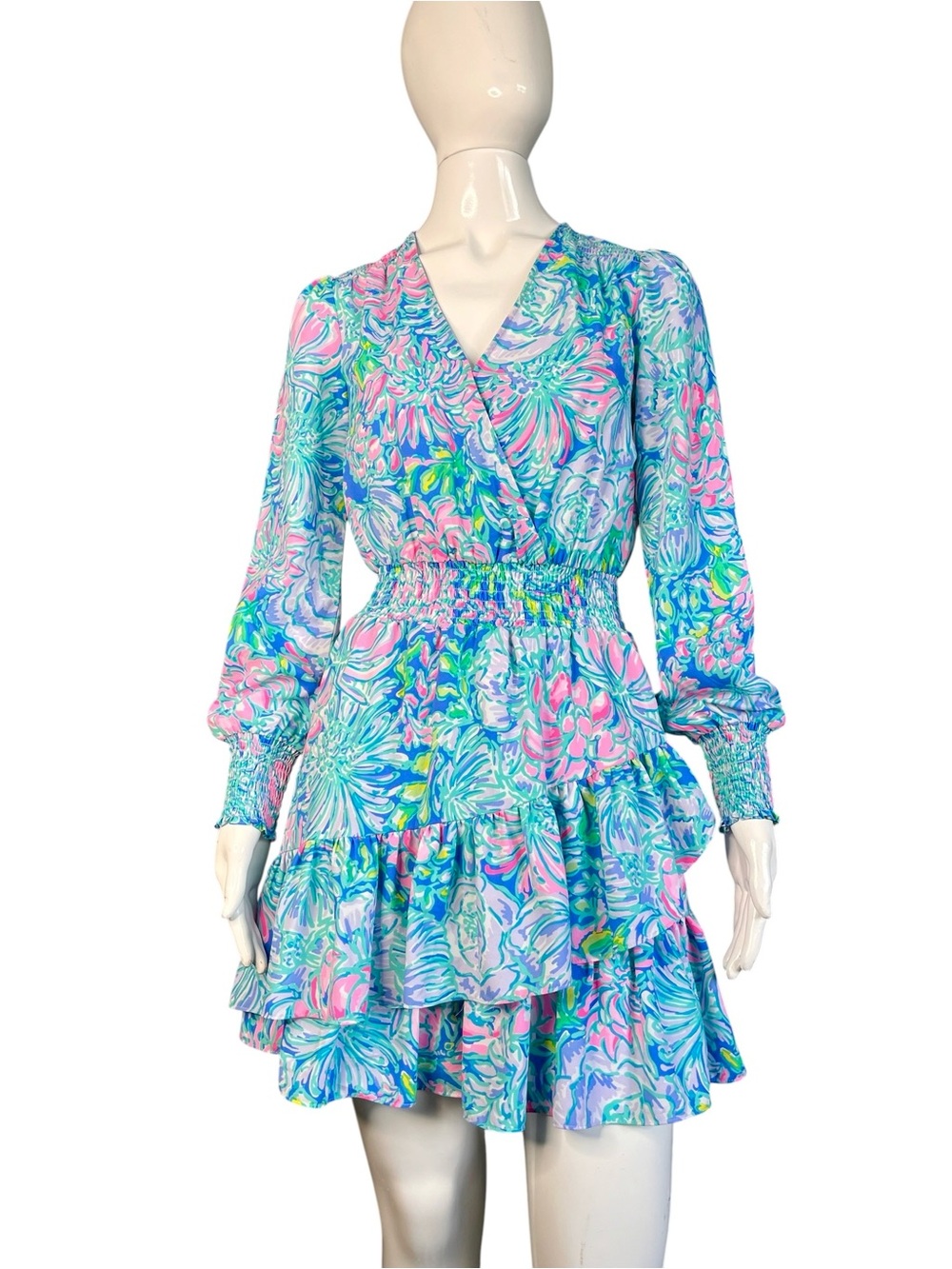 Lilly Pulitzer Cristiana Aqua In Full Bloom Smocked Waist Ruffled Dress 00